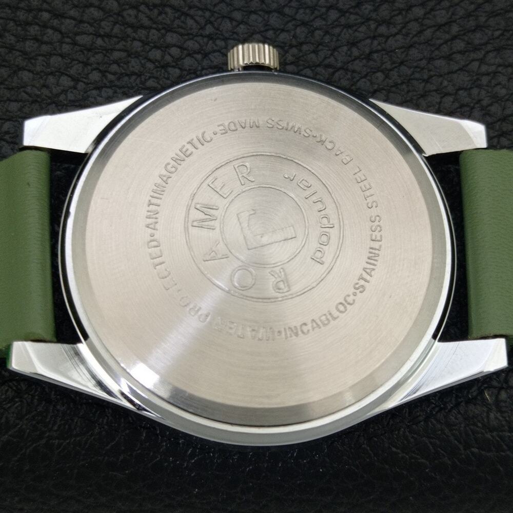 Vintage 1970 Roamer Manual Mens Silver Watch W/Leather Strap & Green accents - Picture 8 of 9